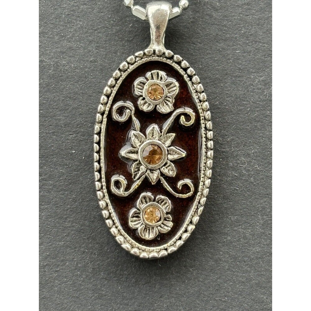 Vtg Estate Necklace 8KGF 18” Silver Tone Chain rhinestone/enamel  FlowerPendant